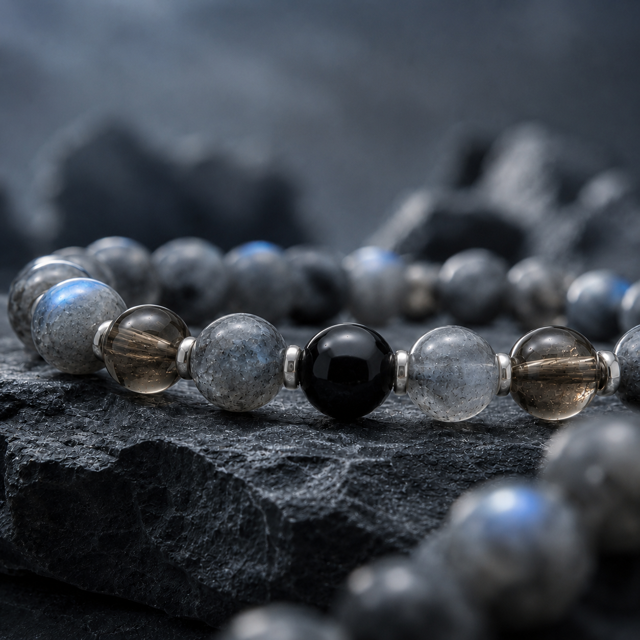 Gray Labradorite, Smoky Quartz & Black Obsidian Beaded Bracelet - Storm Moon