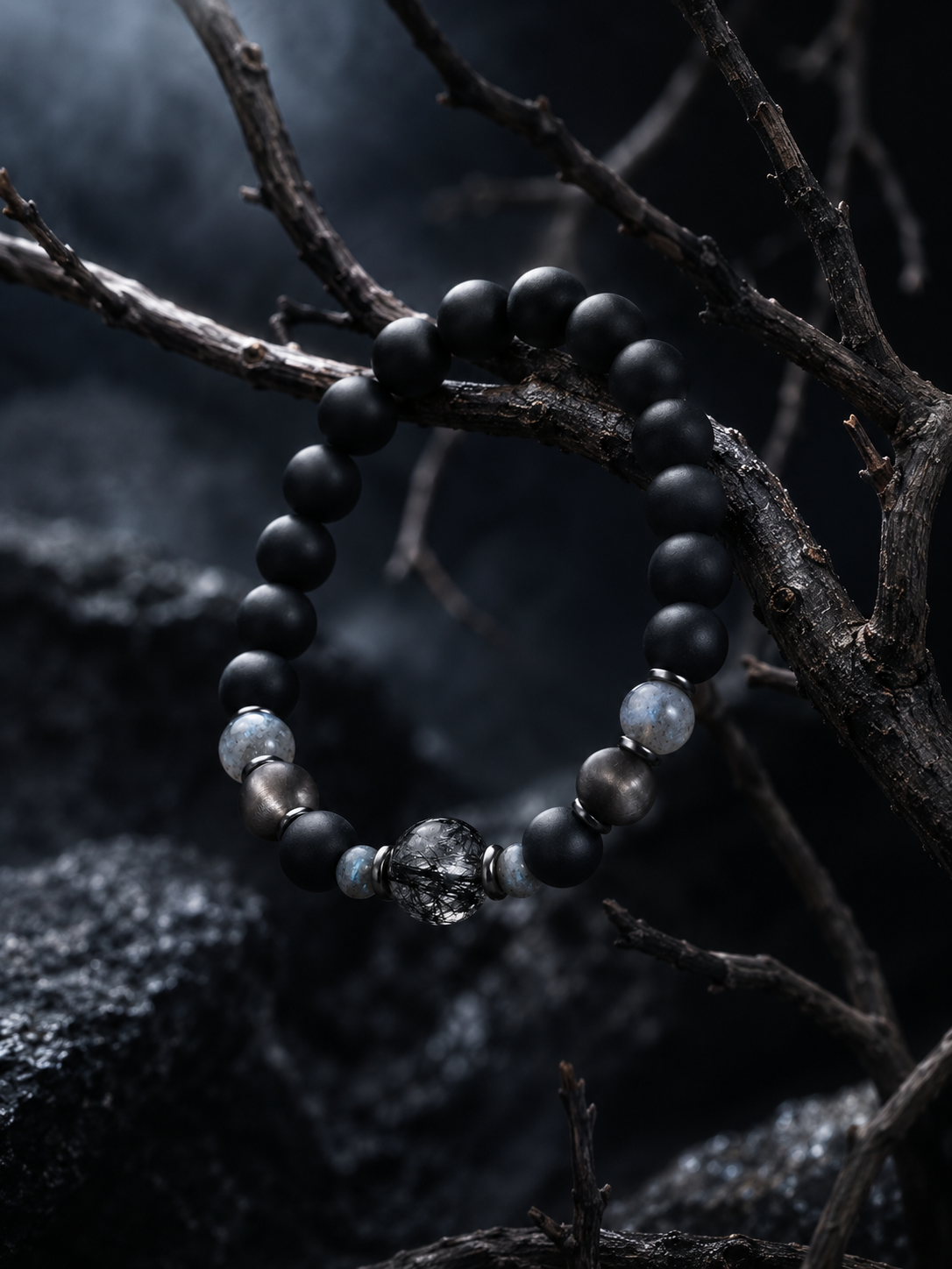Matte Black Agate, Labradorite & Meteorite Beaded Bracelet - Meteor Shadow