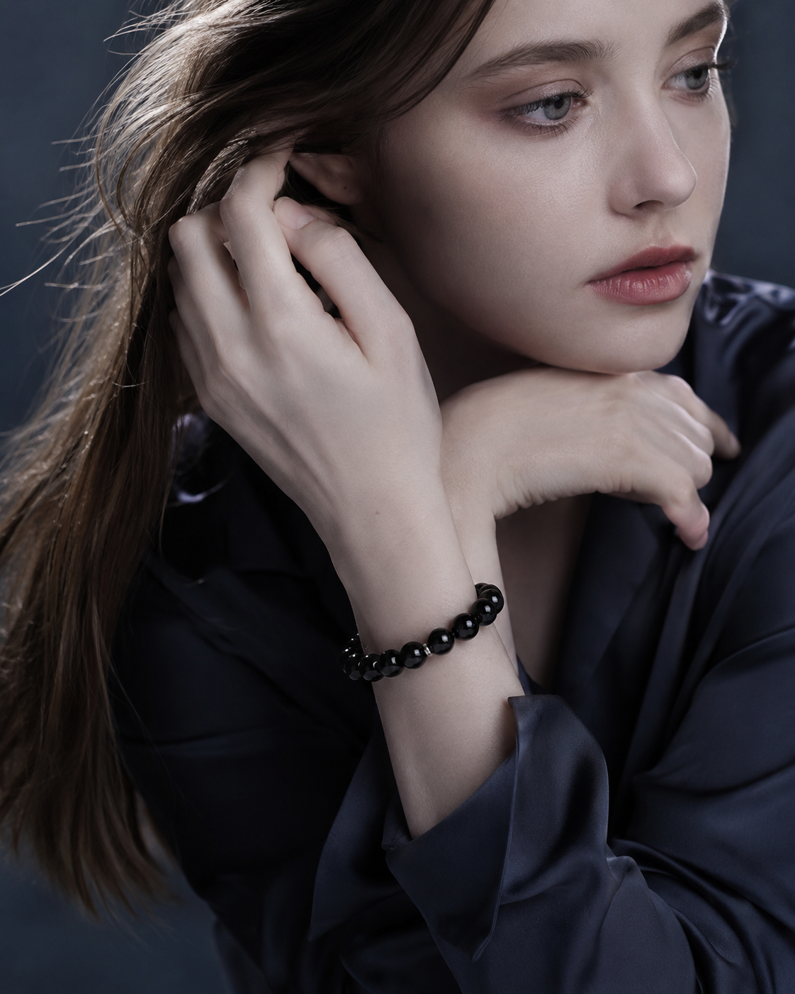 Black Obsidian & Black Agate Beaded Bracelet - Black Mirror