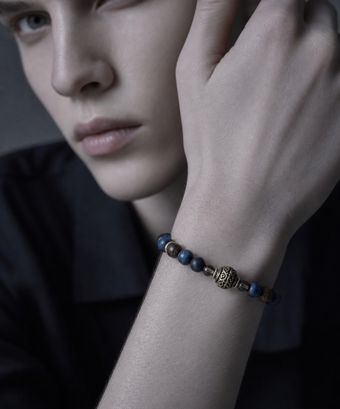 Matte Blue Tiger’s Eye, Bronzite & Smoky Quartz Beaded Bracelet - Bronze Tide