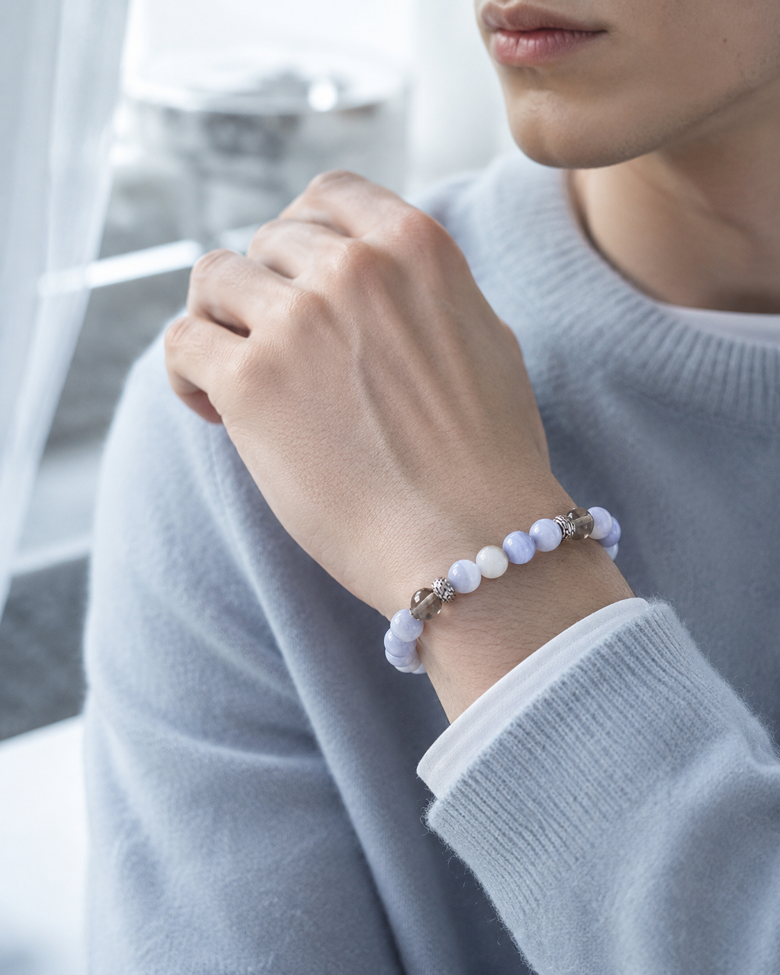 Blue Lace Agate, Milky Moonstone & Smoky Quartz Beaded Bracelet - Rainwashed Blue