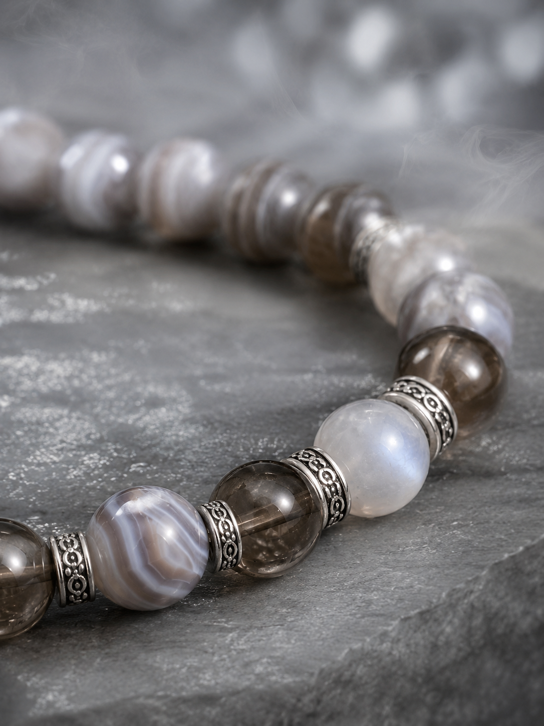 Banded Agate, Smoky Quartz & Gray Moonstone Beaded Bracelet - Frost Balance