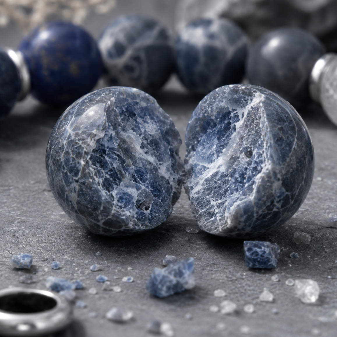 Dumortierite Quartz, Matte Lapis Lazuli, Hawk's Eye & White Phantom Quartz Beaded Bracelet - Deep Insight