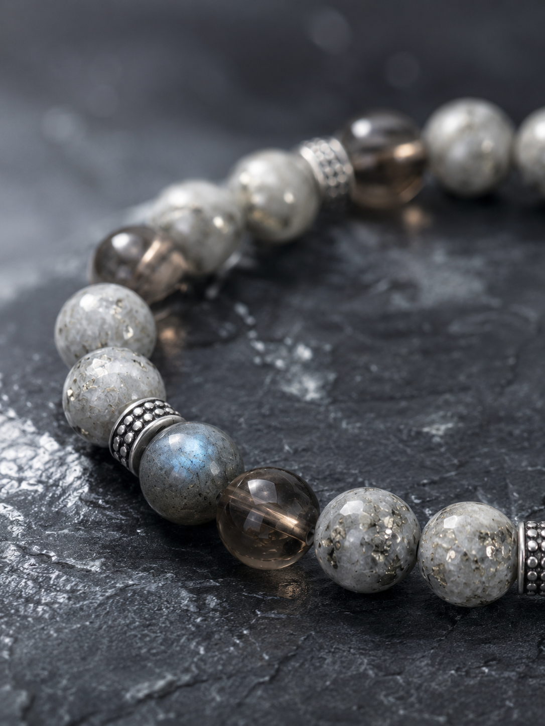 Pyrite in Clear Quartz, Smoky Quartz & Gray Labradorite Beaded Bracelet - Silver Rock