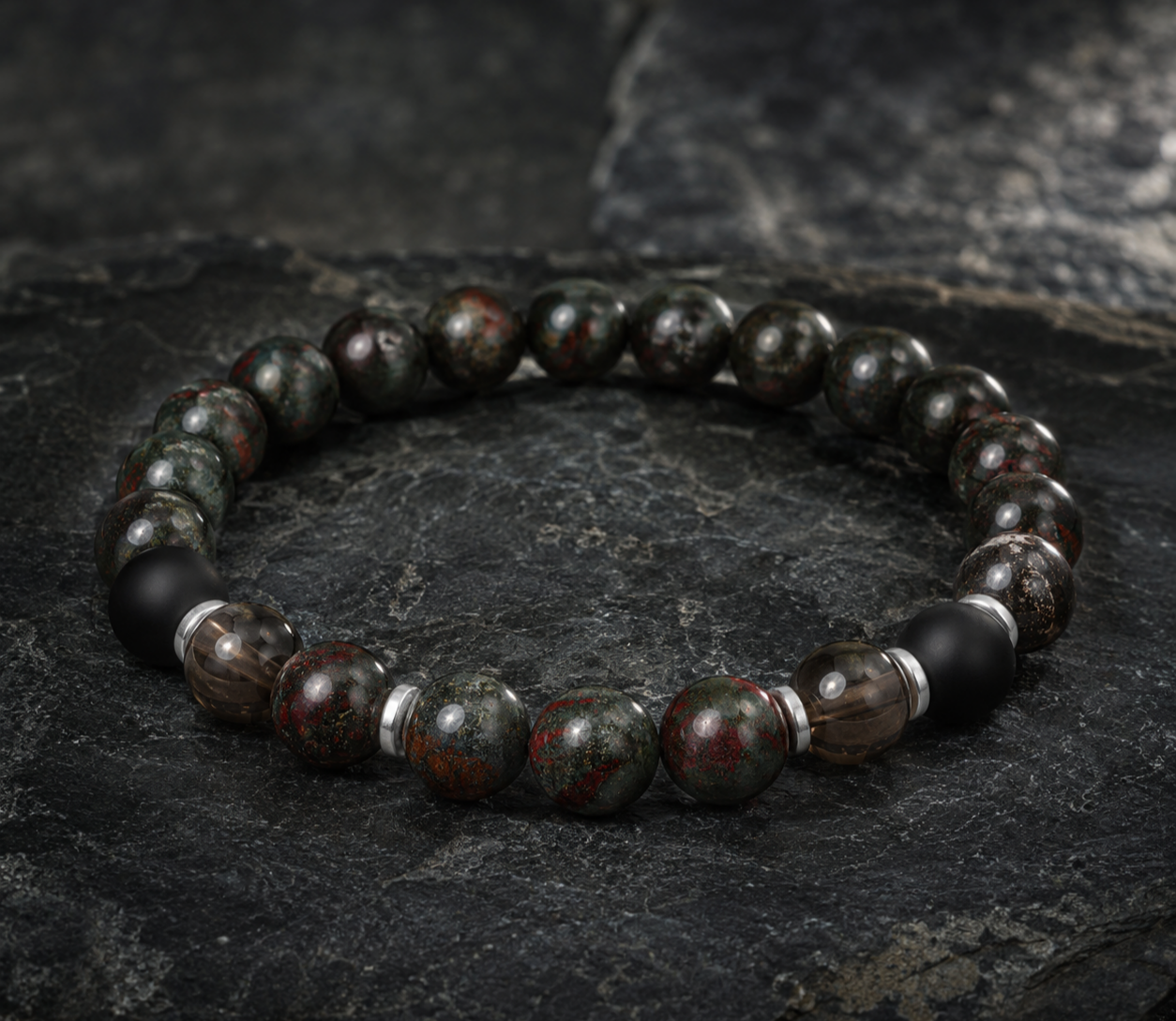 Dragon Blood Stone, Smoky Quartz & Matte Black Obsidian Beaded Bracelet - Crimson Grove