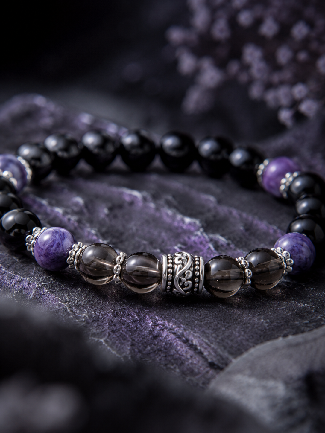 Black Tourmaline, Charoite & Smoky Quartz Beaded Bracelet - Dark Balance