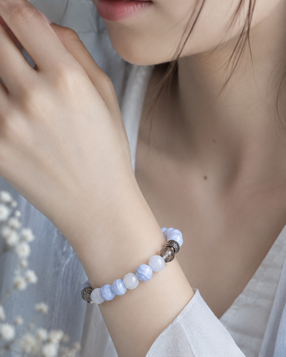 Blue Lace Agate, Milky Moonstone & Smoky Quartz Beaded Bracelet - Rainwashed Blue