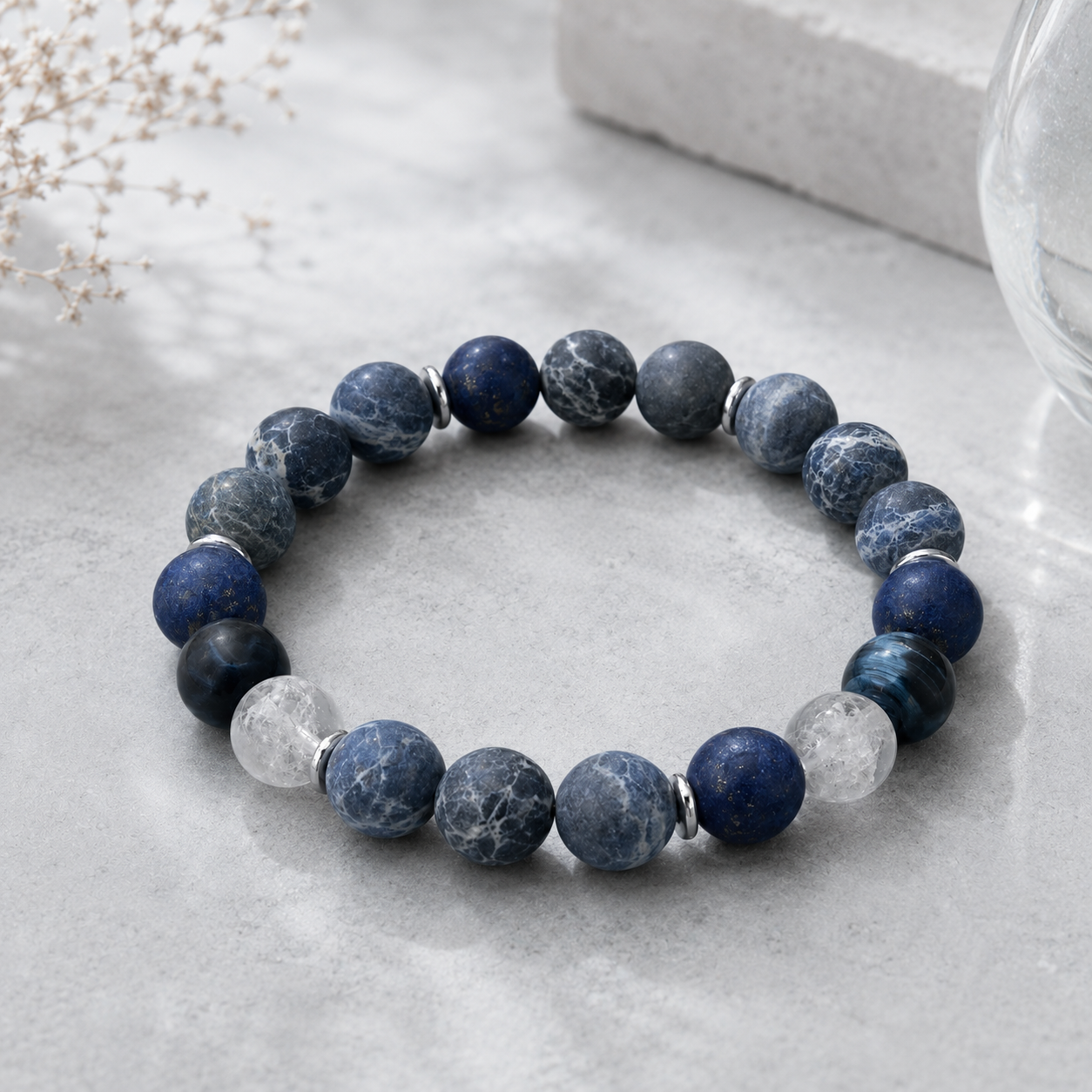 Dumortierite Quartz, Matte Lapis Lazuli, Hawk's Eye & White Phantom Quartz Beaded Bracelet - Deep Insight