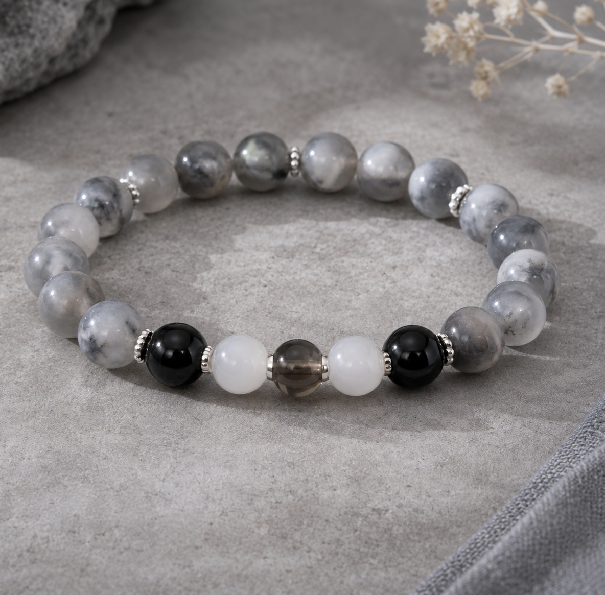 Gray White Cloud Quartz, Black Agate, Gray Moonstone & White Chalcedony Beaded Bracelet - Mist Veil