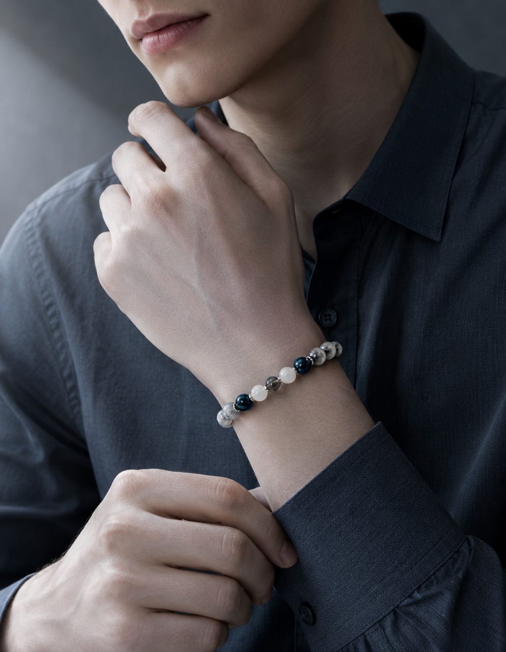 Gray White Cloud Quartz, Black Agate, Gray Moonstone & White Chalcedony Beaded Bracelet - Mist Veil