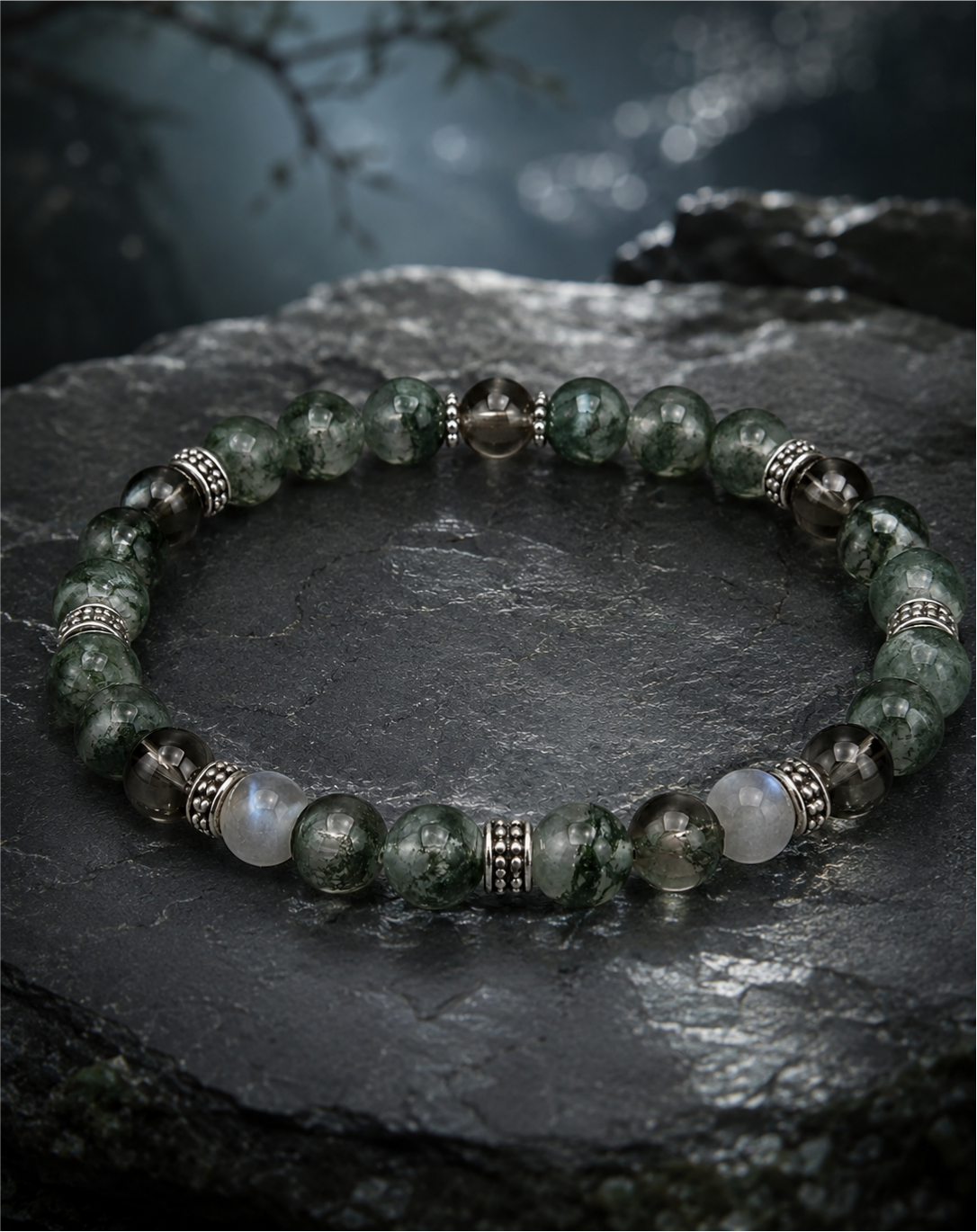 Green Phantom Quartz, Gray Moonstone & Smoky Quartz Beaded Bracelet - Moss Sequence