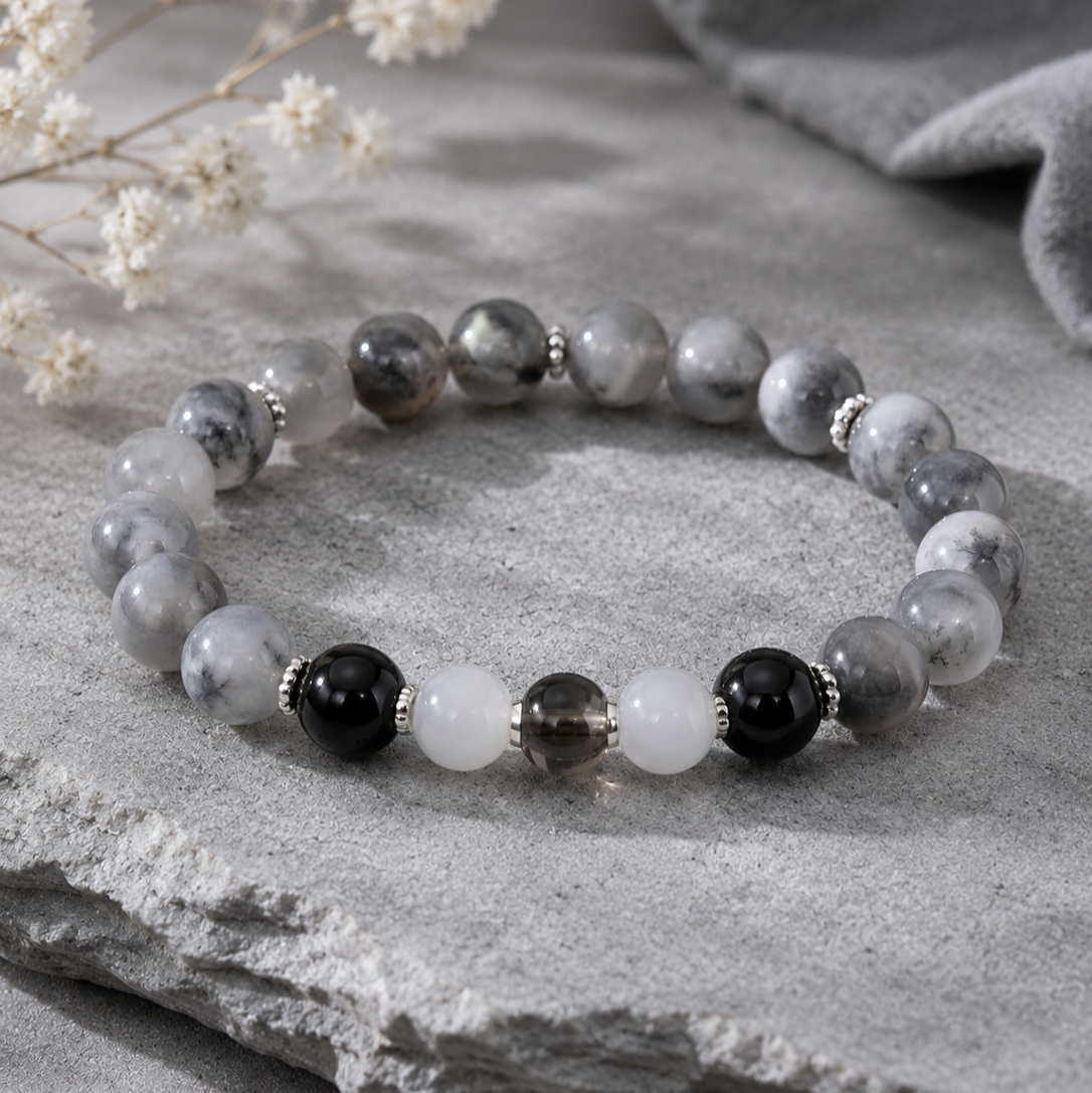 Gray White Cloud Quartz, Black Agate, Gray Moonstone & White Chalcedony Beaded Bracelet - Mist Veil
