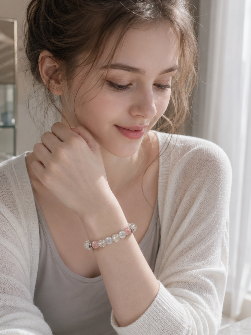Silver Rutilated Quartz, Gray Moonstone & Strawberry Quartz Beaded Bracelet - Pure Light
