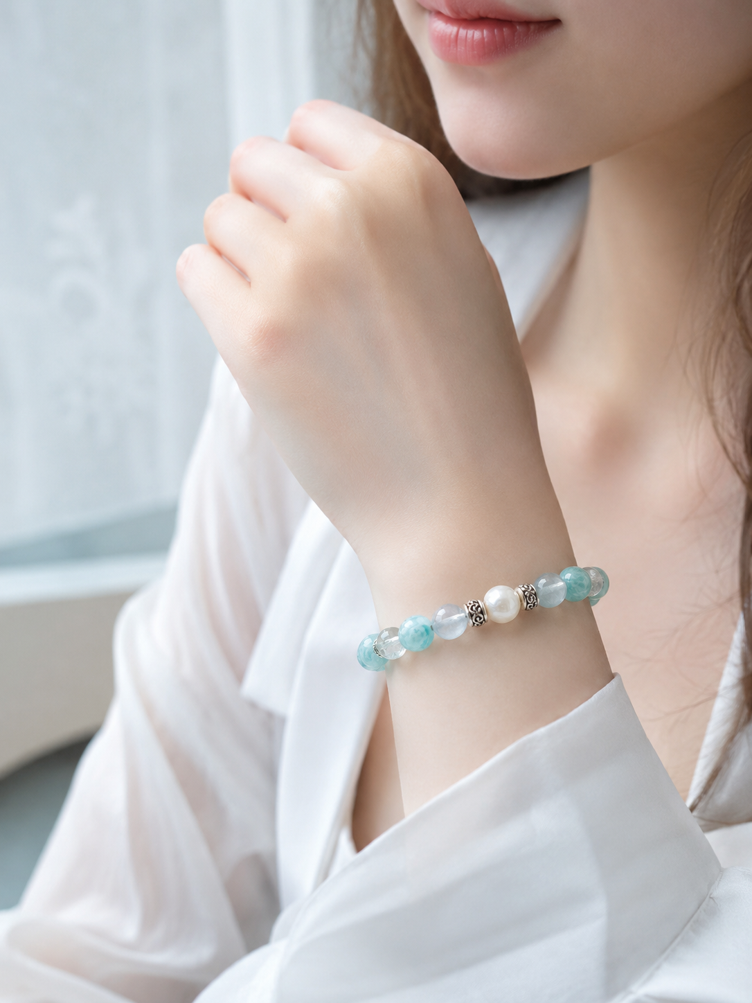 Amazonite, Aquamarine, Mother-of-Pearl & Clear Quartz Beaded Bracelet - Clear Tide