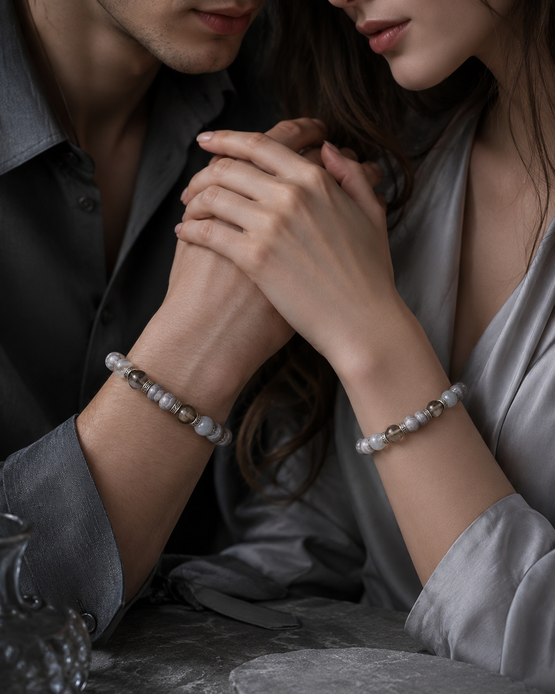 Banded Agate, Smoky Quartz & Gray Moonstone Beaded Bracelet - Frost Balance
