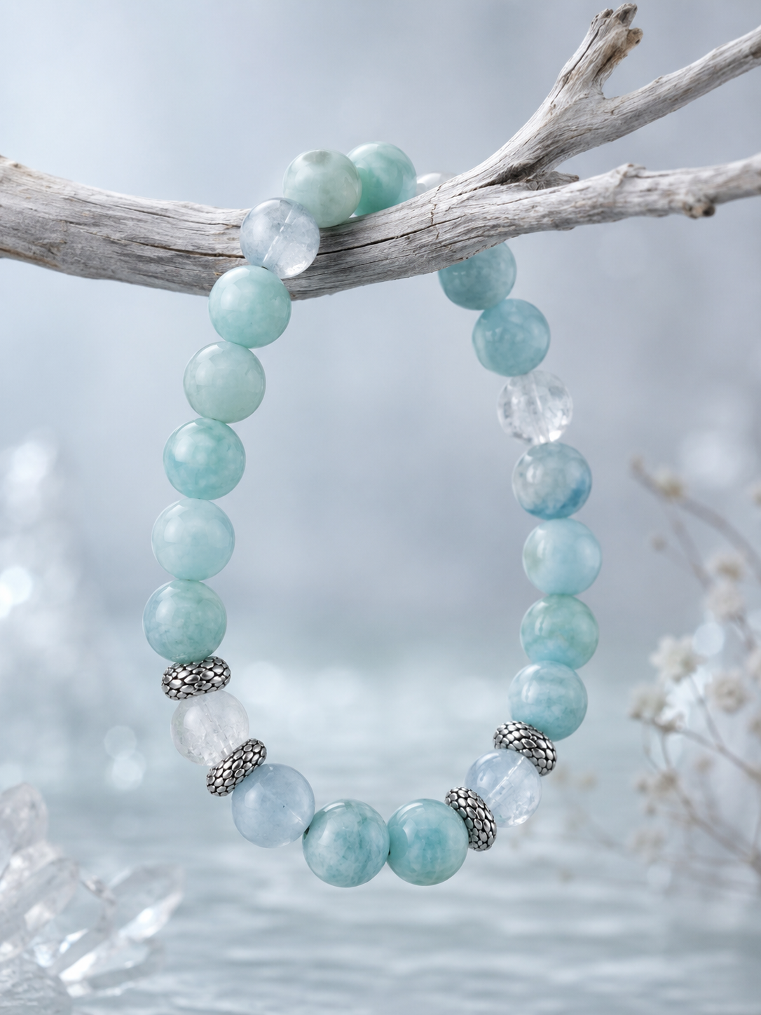 Amazonite, Aquamarine & Clear Quartz Beaded Bracelet - Clear Azure