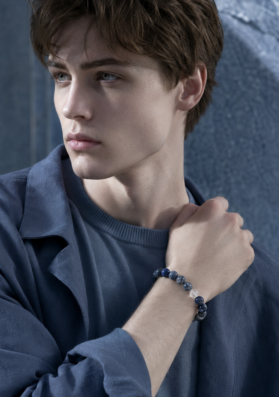 Dumortierite Quartz, Matte Lapis Lazuli, Hawk's Eye & White Phantom Quartz Beaded Bracelet - Deep Insight