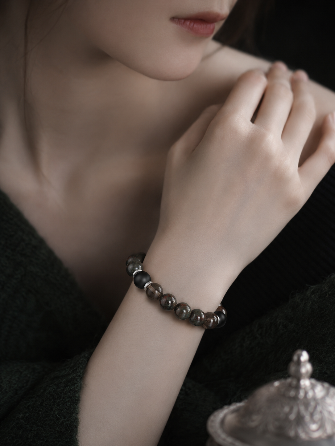 Dragon Blood Stone, Smoky Quartz & Matte Black Obsidian Beaded Bracelet - Crimson Grove