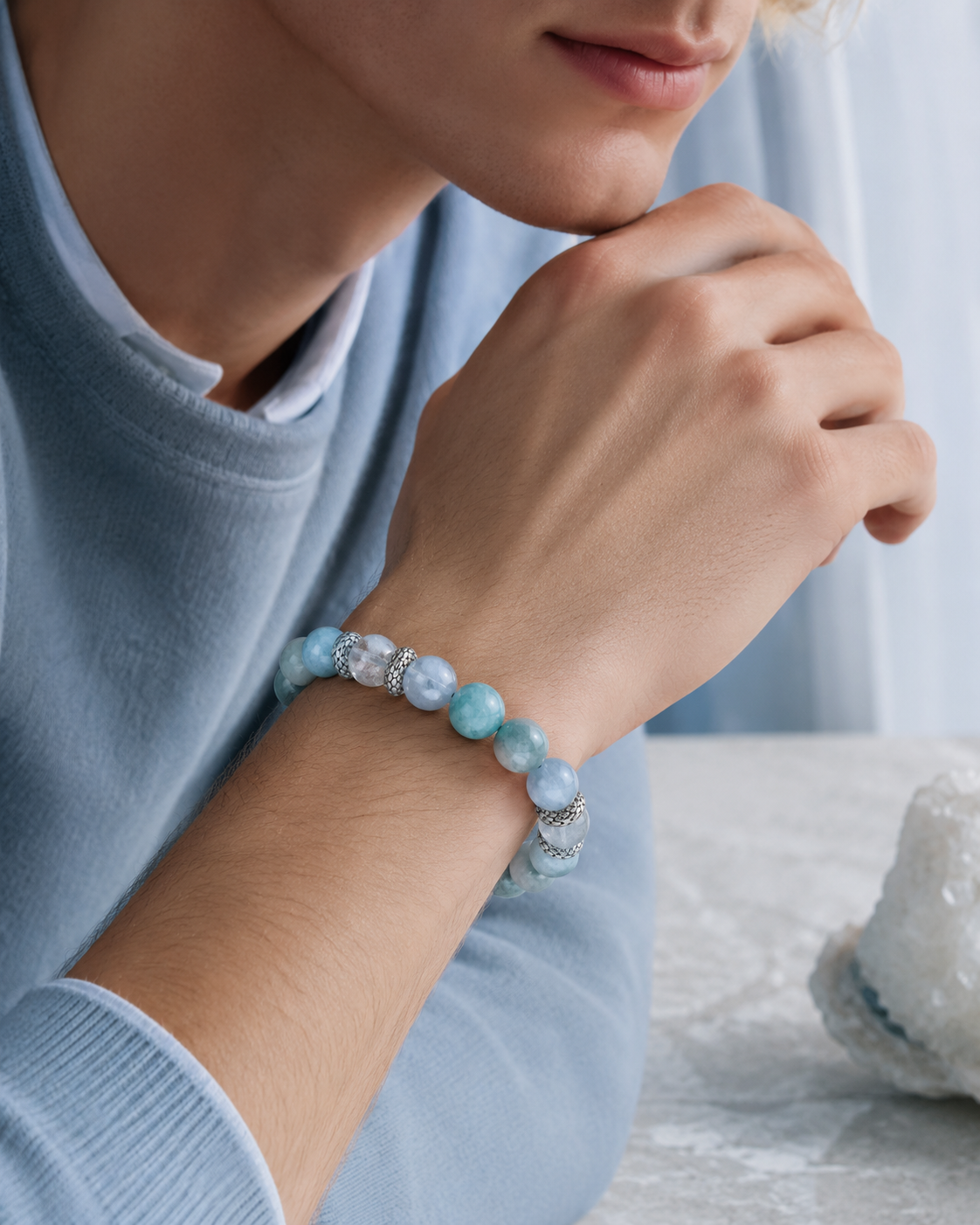 Amazonite, Aquamarine & Clear Quartz Beaded Bracelet - Clear Azure