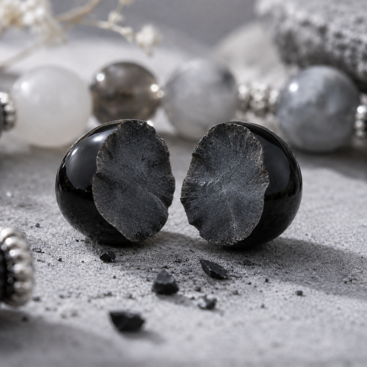 Gray White Cloud Quartz, Black Agate, Gray Moonstone & White Chalcedony Beaded Bracelet - Mist Veil