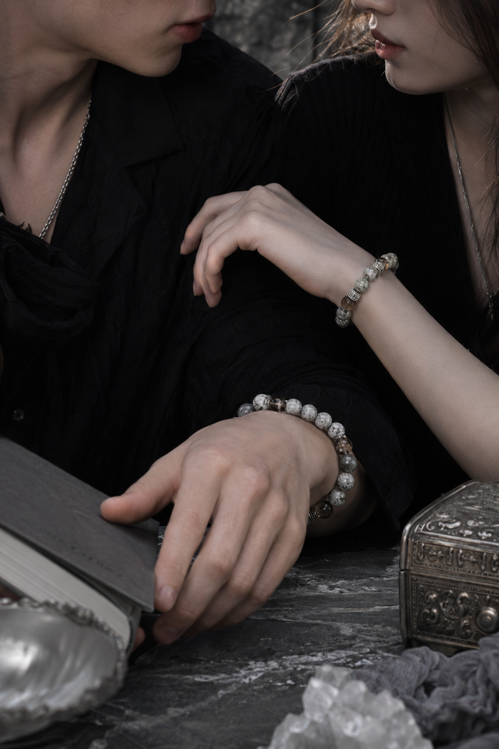 Pyrite in Clear Quartz, Smoky Quartz & Gray Labradorite Beaded Bracelet - Silver Rock