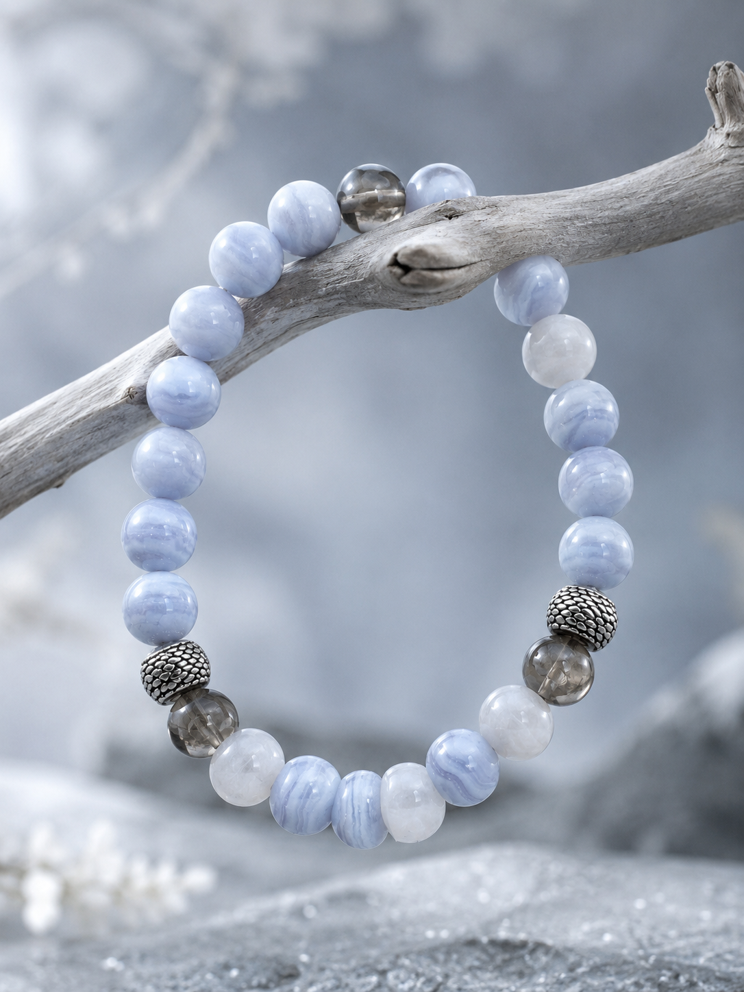 Blue Lace Agate, Milky Moonstone & Smoky Quartz Beaded Bracelet - Rainwashed Blue