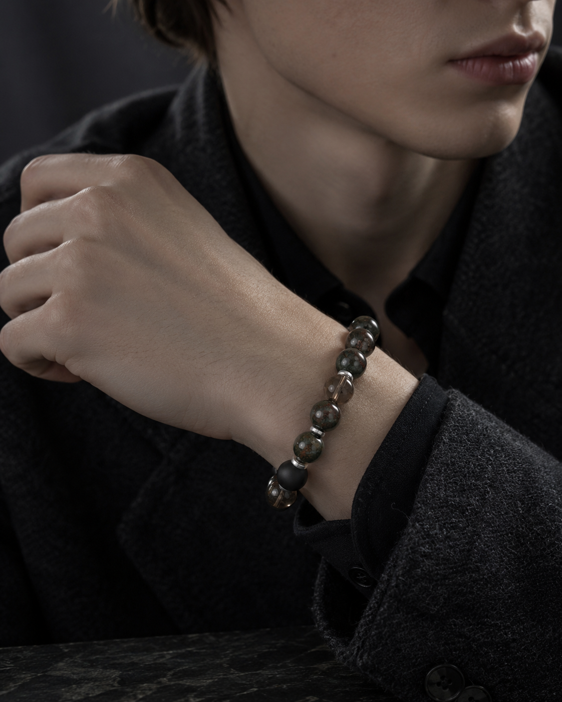 Dragon Blood Stone, Smoky Quartz & Matte Black Obsidian Beaded Bracelet - Crimson Grove