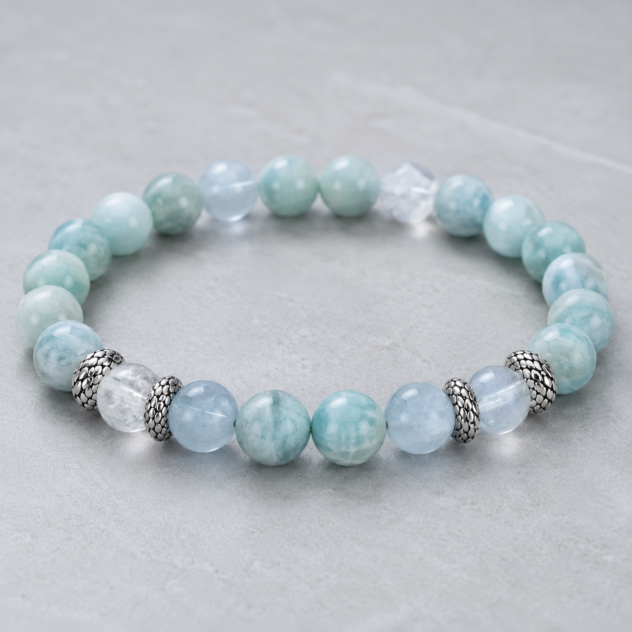 Amazonite, Aquamarine & Clear Quartz Beaded Bracelet - Clear Azure