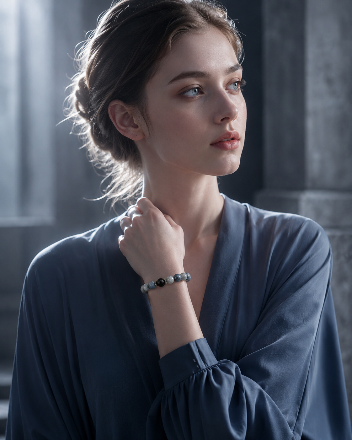 Matte Labradorite, Hawk's Eye & Gray Moonstone Beaded Bracelet - Moonlit Hawk