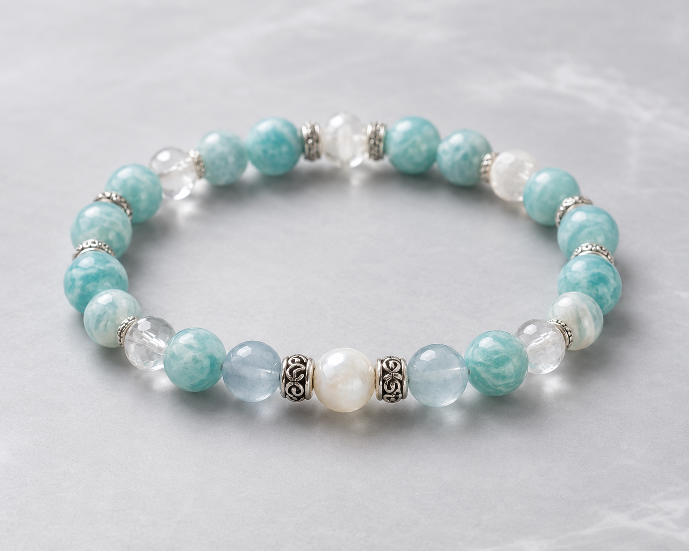 Amazonite, Aquamarine, Mother-of-Pearl & Clear Quartz Beaded Bracelet - Clear Tide