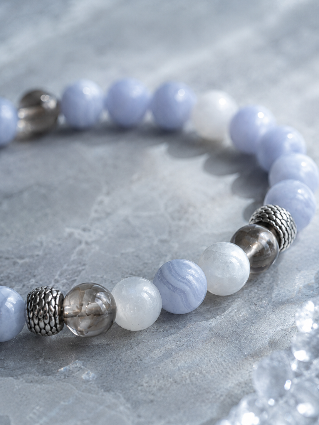 Blue Lace Agate, Milky Moonstone & Smoky Quartz Beaded Bracelet - Rainwashed Blue
