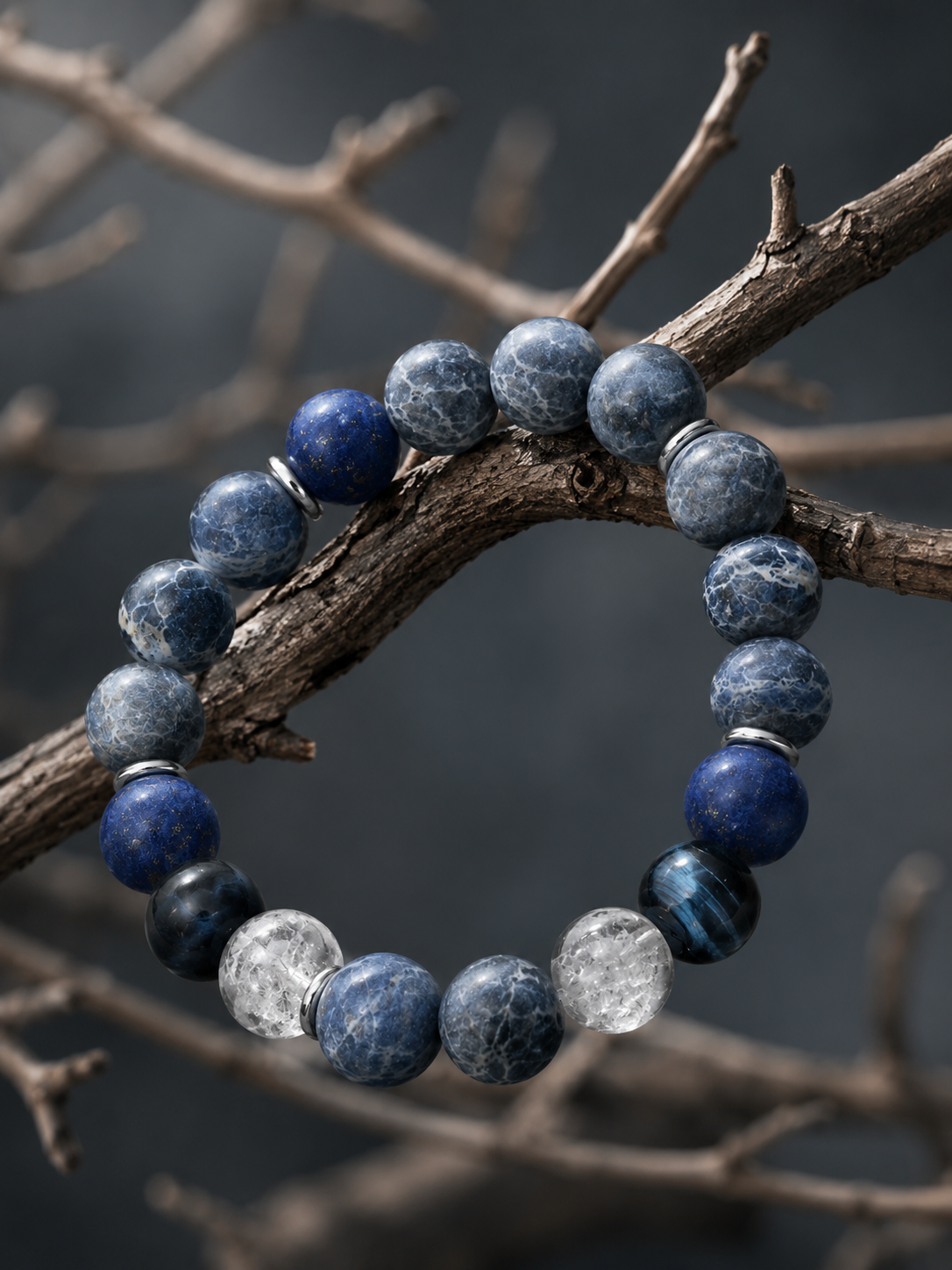Dumortierite Quartz, Matte Lapis Lazuli, Hawk's Eye & White Phantom Quartz Beaded Bracelet - Deep Insight