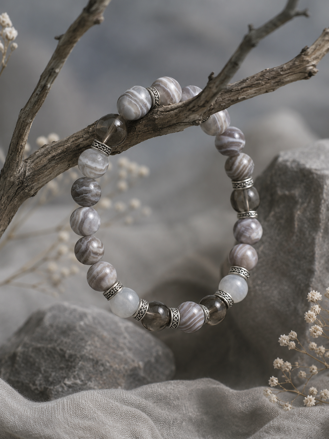 Banded Agate, Smoky Quartz & Gray Moonstone Beaded Bracelet - Frost Balance