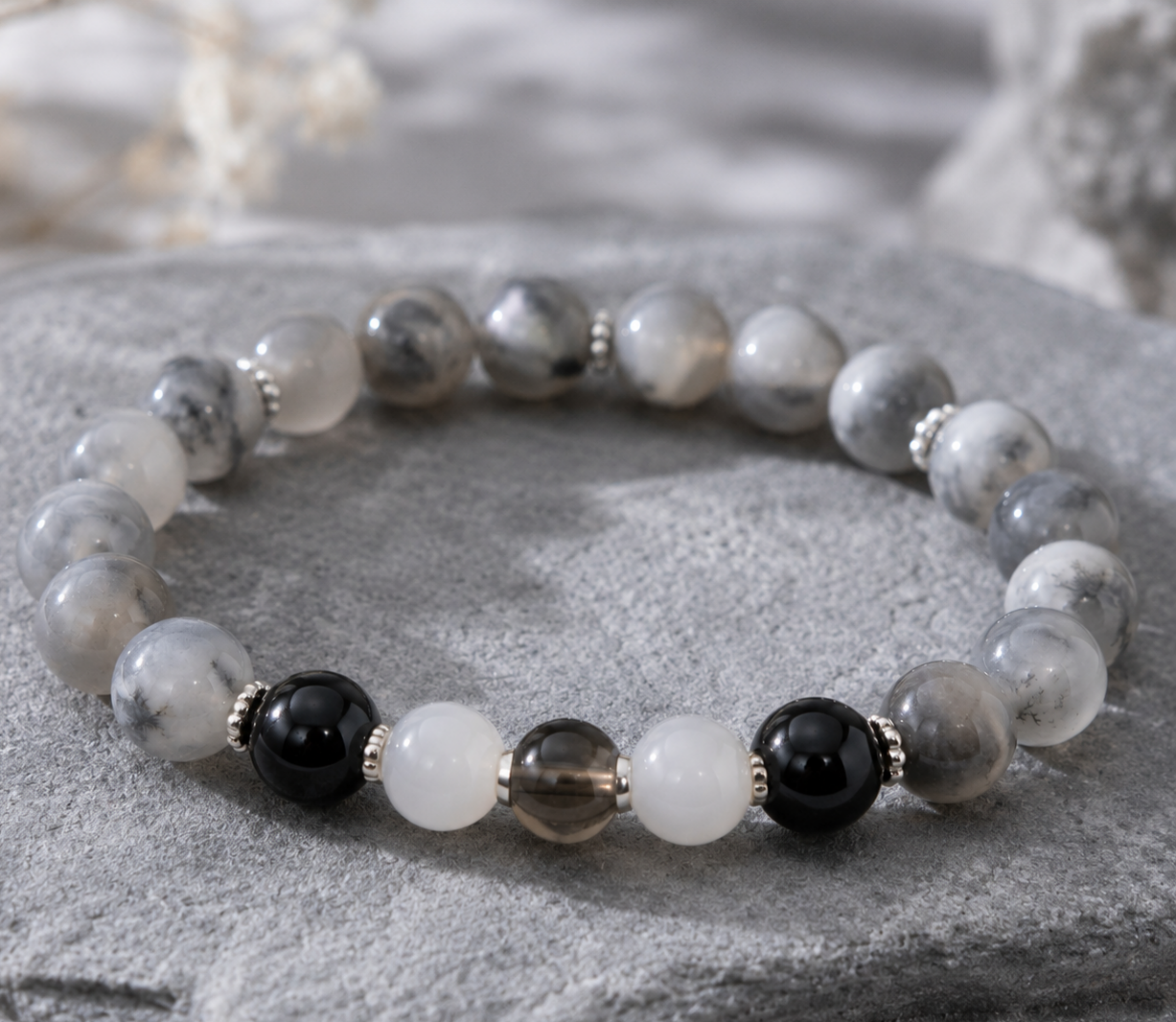 Gray White Cloud Quartz, Black Agate, Gray Moonstone & White Chalcedony Beaded Bracelet - Mist Veil