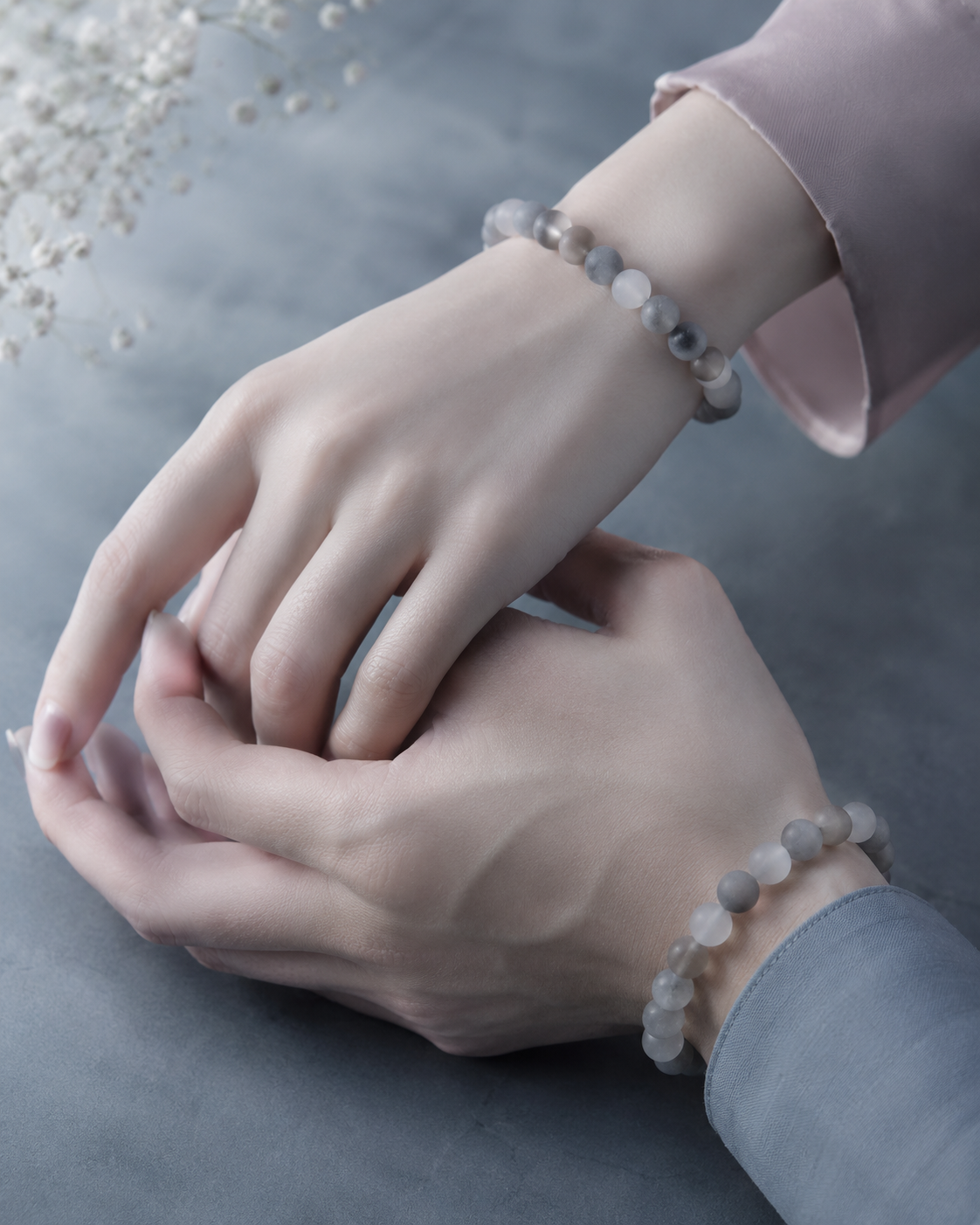 Cloud Agate, Gray Chalcedony, Smoky Gray Quartz & White Chalcedony Beaded Bracelet - Cloud Mist