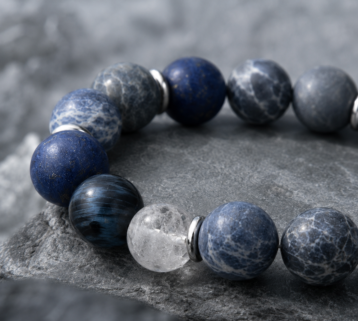 Dumortierite Quartz, Matte Lapis Lazuli, Hawk's Eye & White Phantom Quartz Beaded Bracelet - Deep Insight