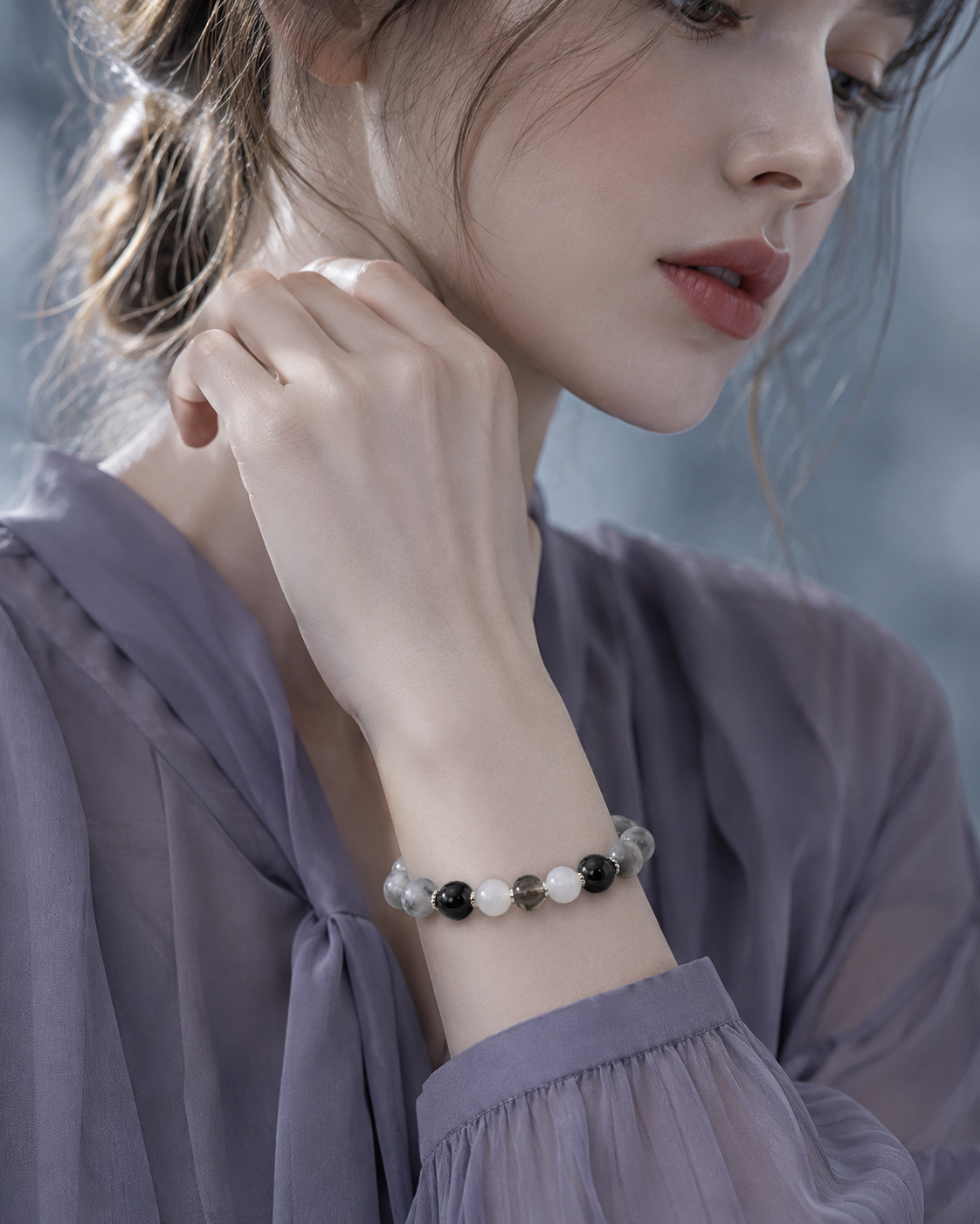 Gray White Cloud Quartz, Black Agate, Gray Moonstone & White Chalcedony Beaded Bracelet - Mist Veil