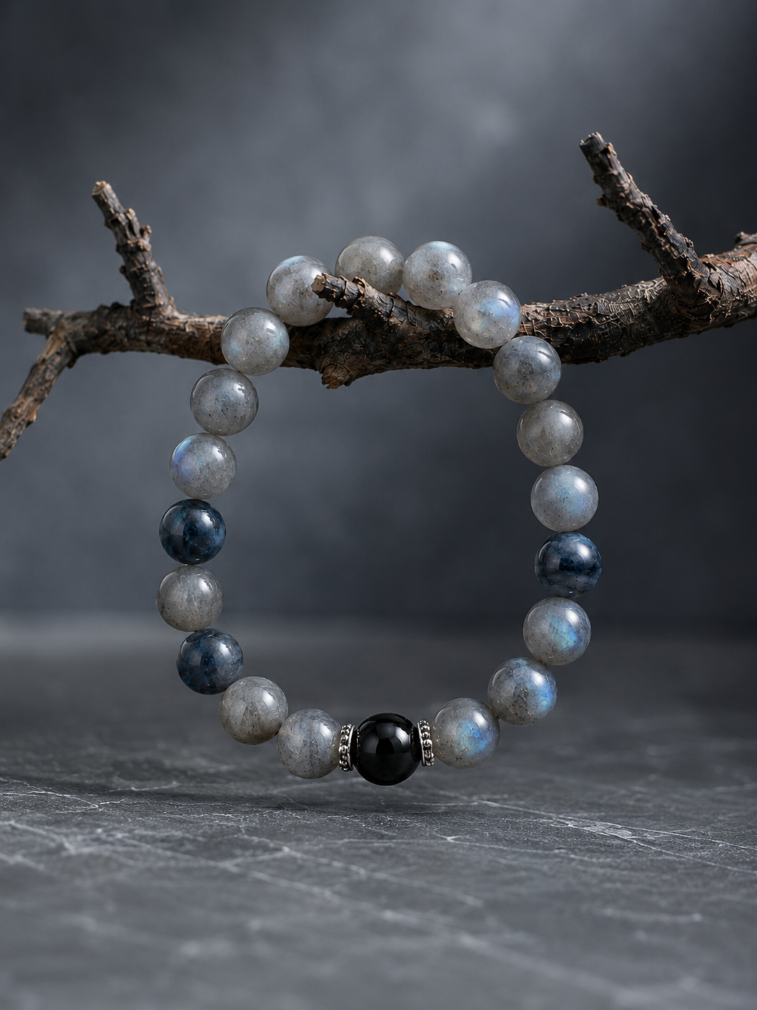 Matte Labradorite, Hawk's Eye & Gray Moonstone Beaded Bracelet - Moonlit Hawk