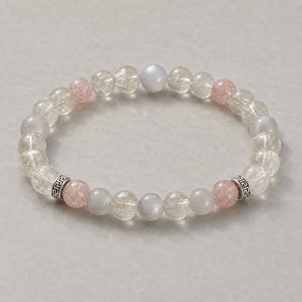 Silver Rutilated Quartz, Gray Moonstone & Strawberry Quartz Beaded Bracelet - Pure Light