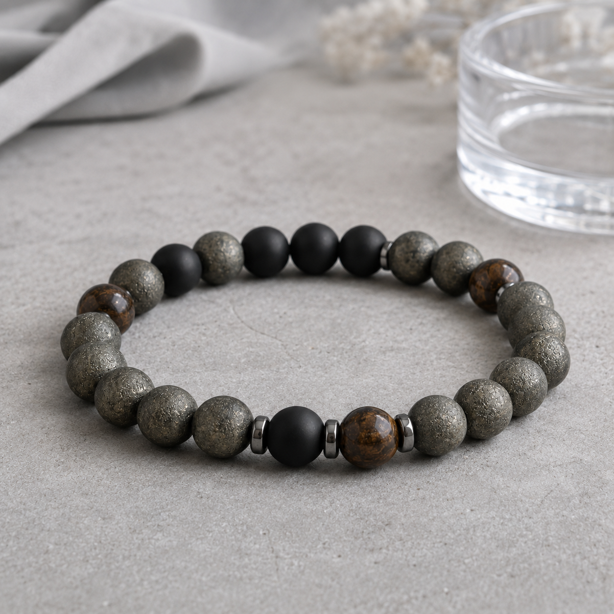 Matte Pyrite, Bronzite, Matte Black Obsidian & Hematite Spacer Beads Beaded Bracelet - Iron Shield