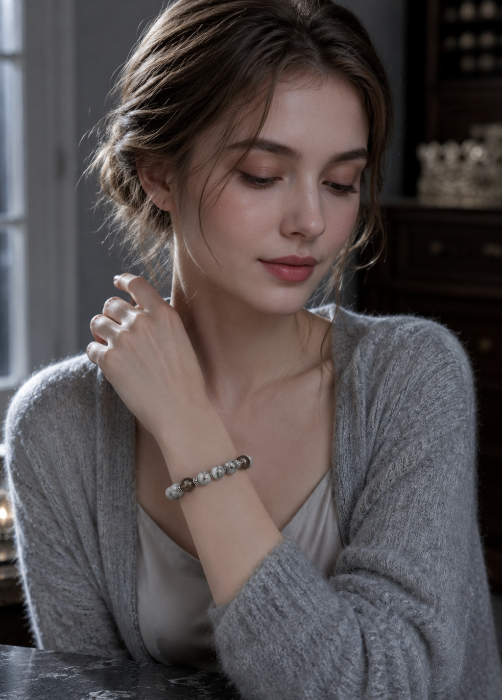 Pyrite in Clear Quartz, Smoky Quartz & Gray Labradorite Beaded Bracelet - Silver Rock