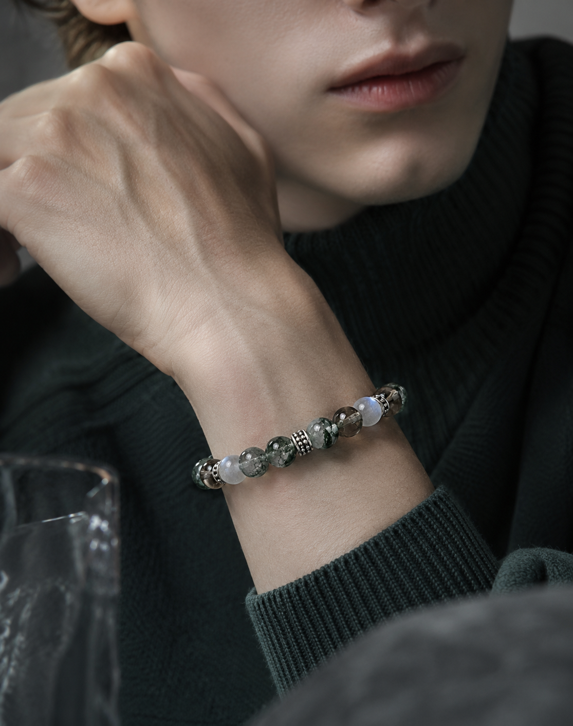Green Phantom Quartz, Gray Moonstone & Smoky Quartz Beaded Bracelet - Moss Sequence