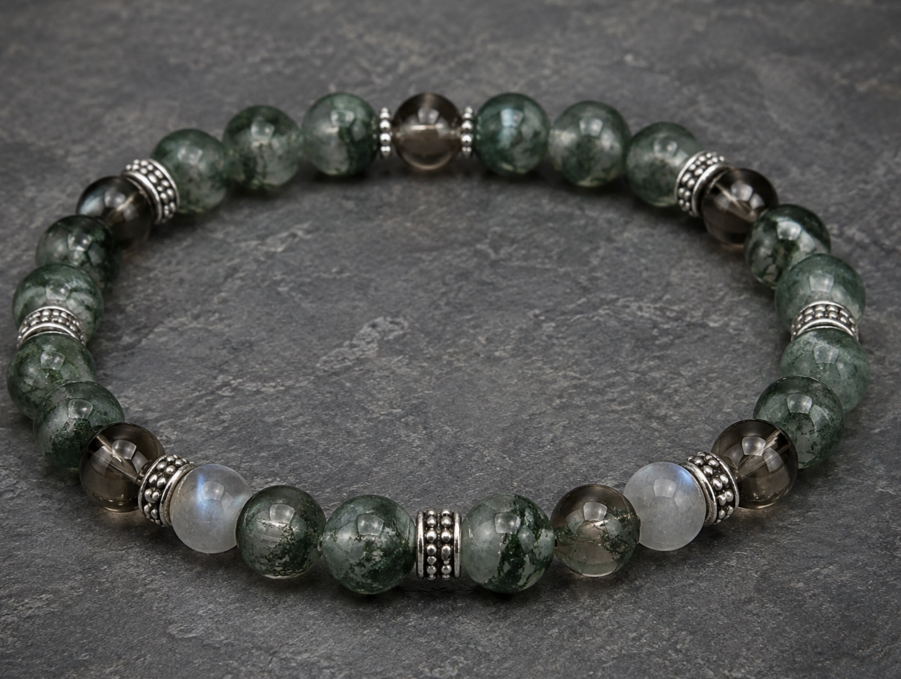 Green Phantom Quartz, Gray Moonstone & Smoky Quartz Beaded Bracelet - Moss Sequence