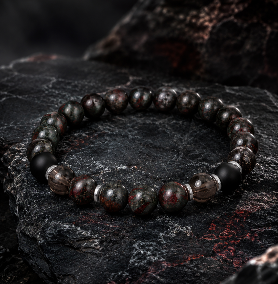 Dragon Blood Stone, Smoky Quartz & Matte Black Obsidian Beaded Bracelet - Crimson Grove