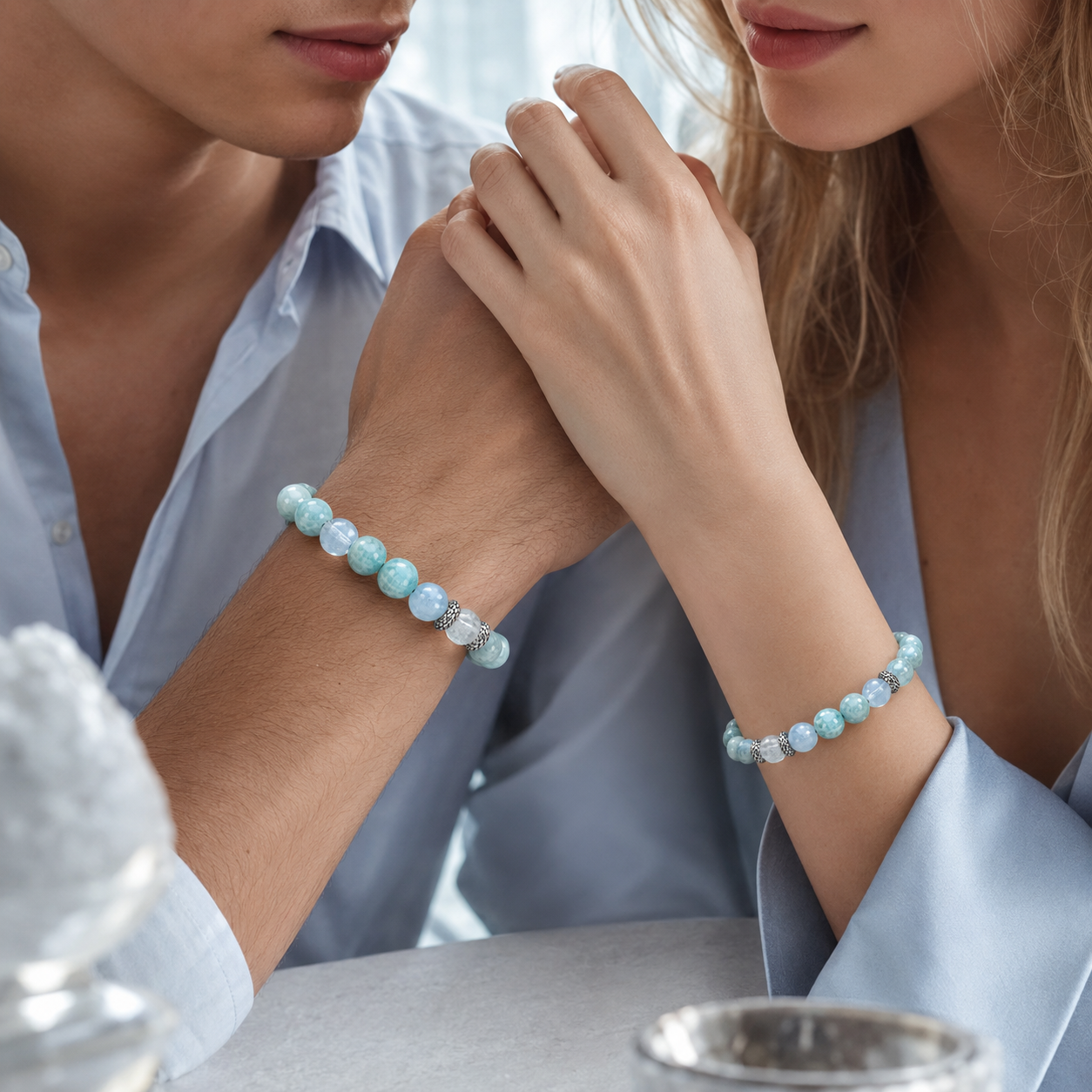 Amazonite, Aquamarine & Clear Quartz Beaded Bracelet - Clear Azure