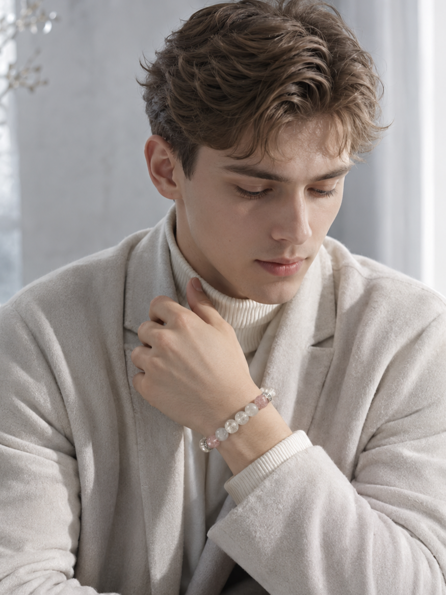 Silver Rutilated Quartz, Gray Moonstone & Strawberry Quartz Beaded Bracelet - Pure Light