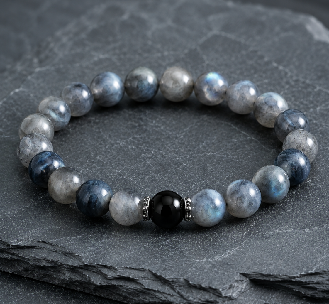 Matte Labradorite, Hawk's Eye & Gray Moonstone Beaded Bracelet - Moonlit Hawk