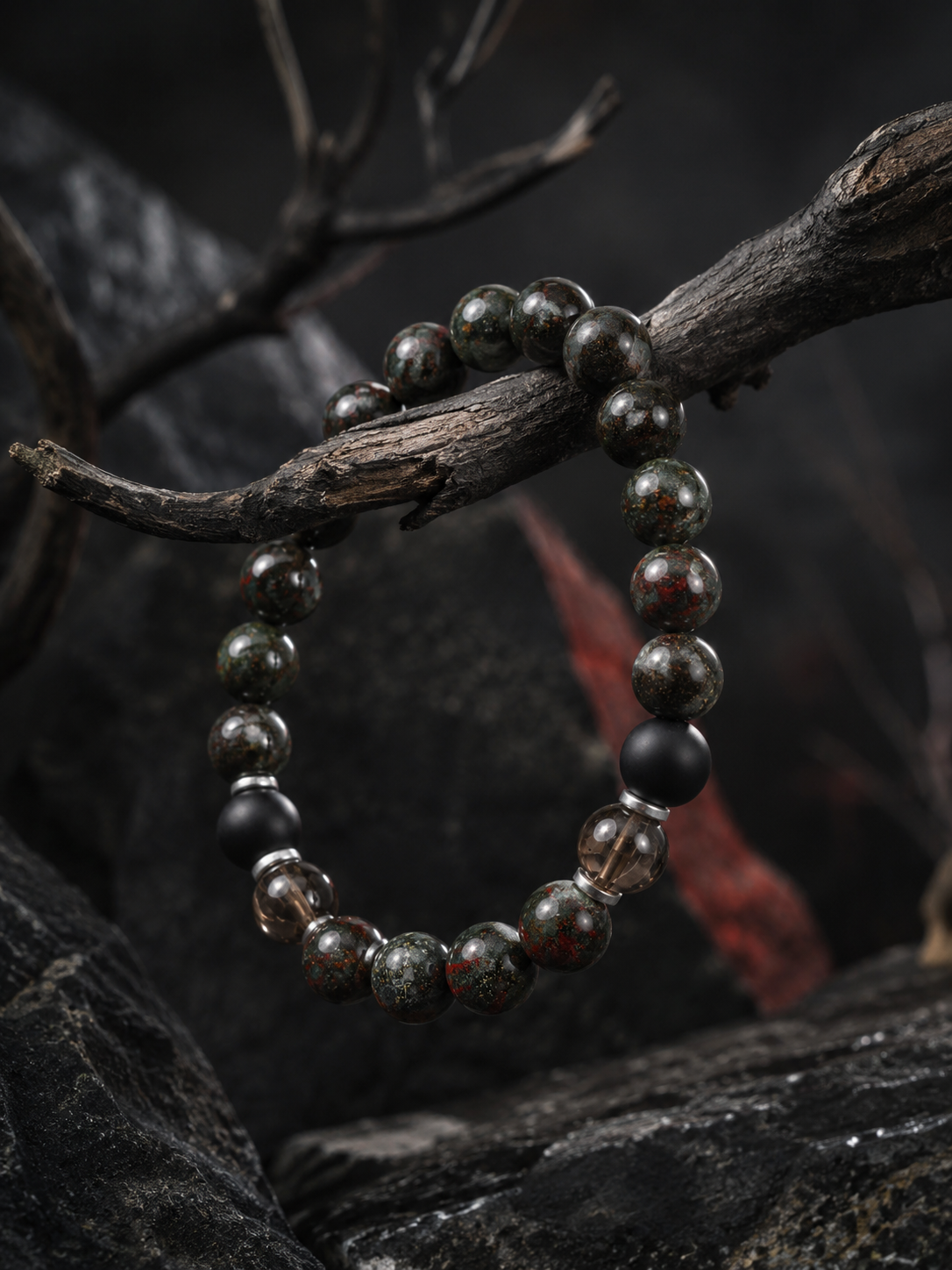 Dragon Blood Stone, Smoky Quartz & Matte Black Obsidian Beaded Bracelet - Crimson Grove