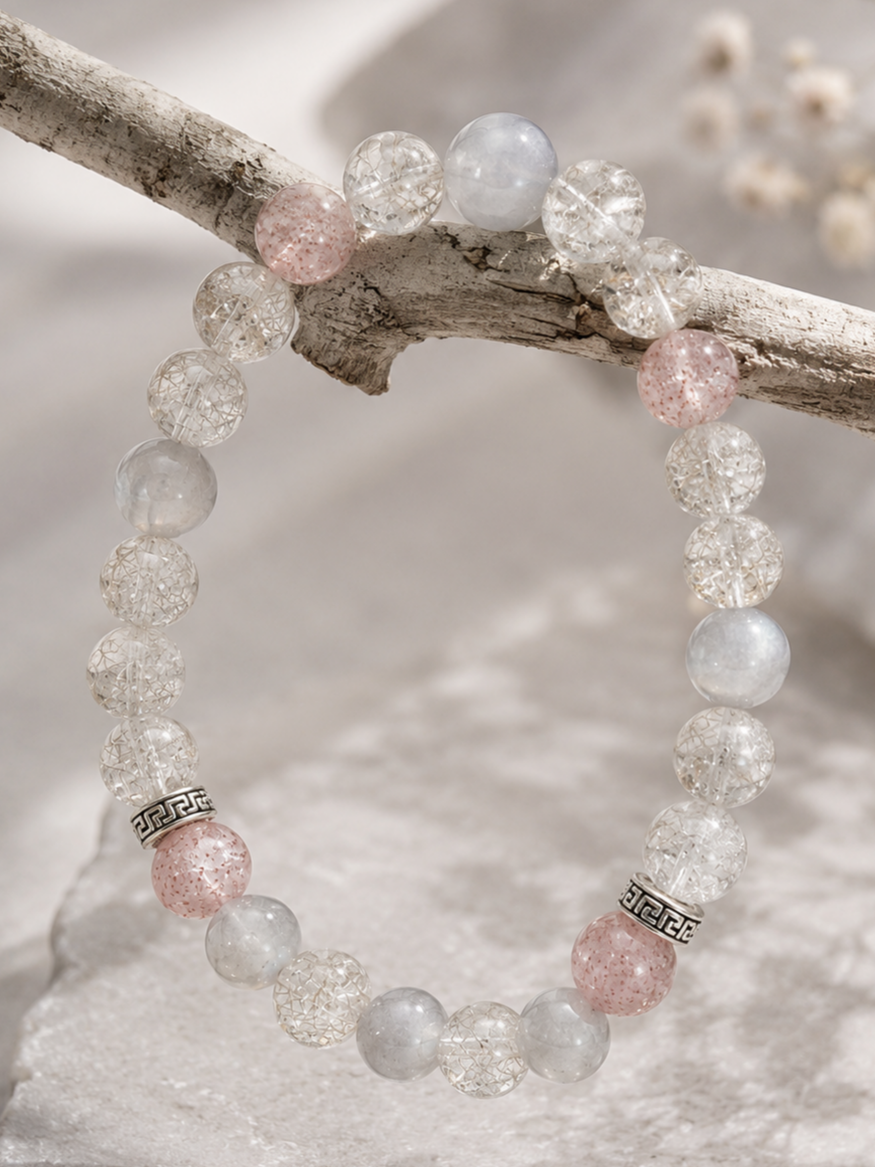 Silver Rutilated Quartz, Gray Moonstone & Strawberry Quartz Beaded Bracelet - Pure Light