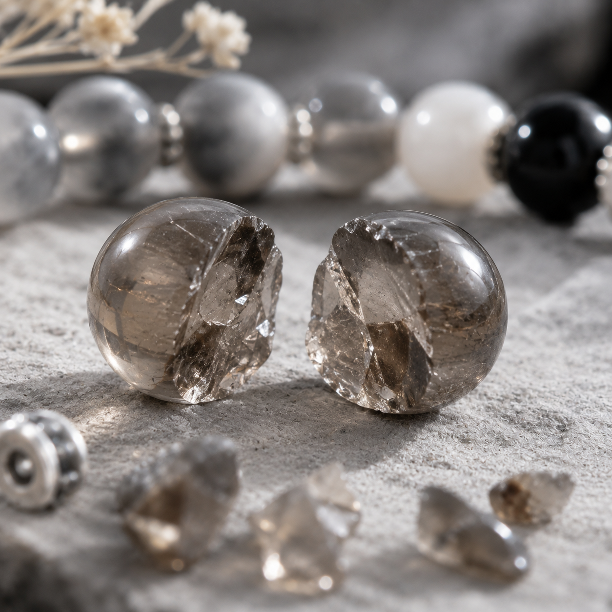 Gray White Cloud Quartz, Black Agate, Gray Moonstone & White Chalcedony Beaded Bracelet - Mist Veil